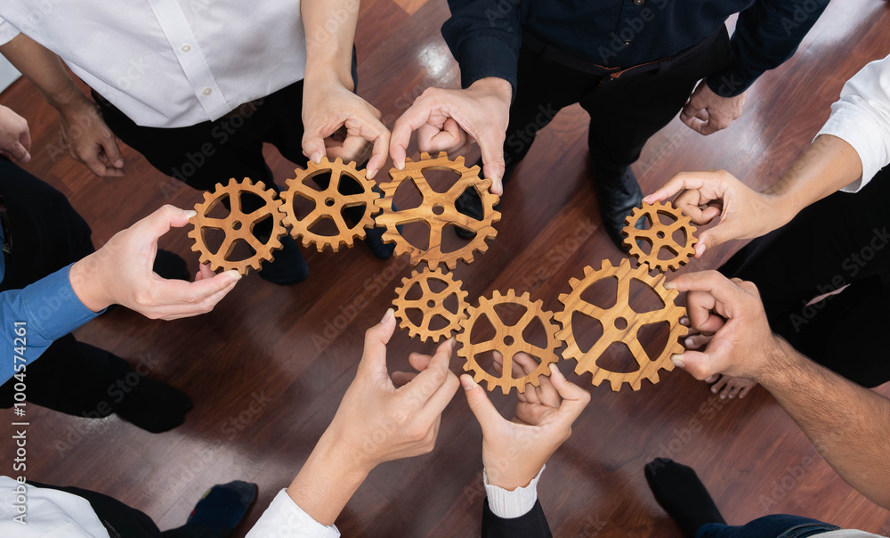 Poster business team joining cogwheel in circular together symbolize successful group of business partnersh