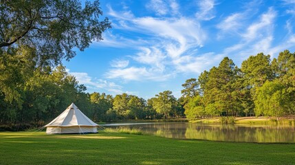 A white tent and tarp sit by a pond. Green grass and trees surround it, and the blue sky is dotted with clouds. It's a beautiful morning, perfect for a luxurious camping trip.
