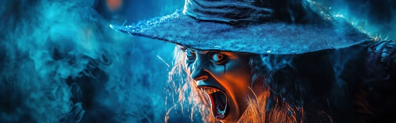 A beautiful young woman in a witch's hat casts a spell, performs witchcraft. With fog in the background, Wide artistic design for Halloween party.