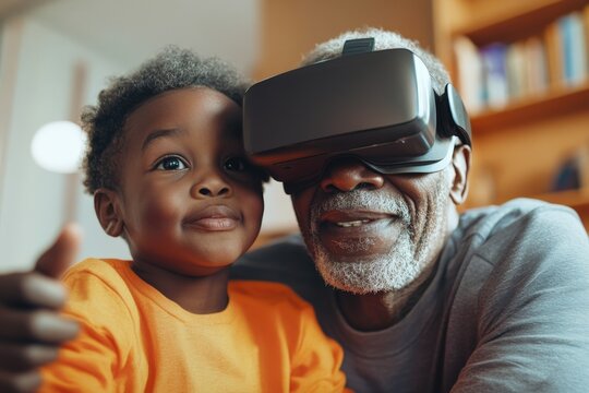 Generations Connected: A heartwarming image of a young boy experiencing virtual reality with his grandfather, showcasing intergenerational connection and the wonders of technology. - Powered by Adobe