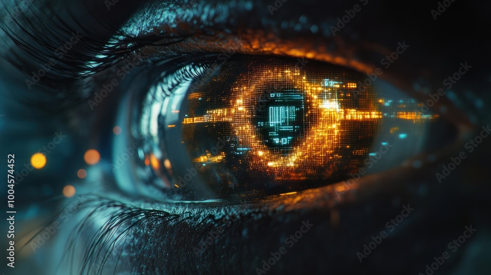 Poster detailed view of a cybernetic eye displaying digital signals, abstract vision of communication tech
