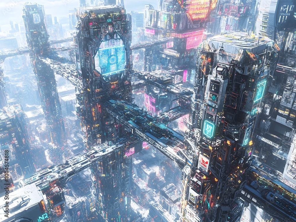 Poster gleaming futuristic metropolis with geometric architectural patterns and elevated transport networks