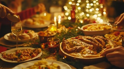 Fototapeta premium A Festive Table Setting with Roast Chicken and Wine