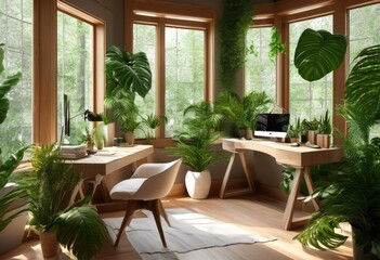 tranquil home serene nature inspired desk setup remote work featuring lush greenery minimalist design elements, office, workspace, decor, furniture