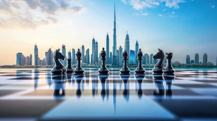 Chess pieces on a chessboard with a city skyline in the background