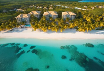 Obraz premium breathtaking aerial perspectives tropical paradise resorts captured drones, beach, vacation, ocean, pool, holiday, island, sand, landscape, sky, sea