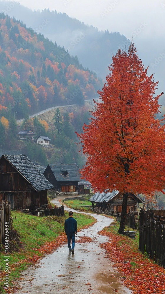 Poster a man walks down a path in the woods, surrounded by trees and houses
