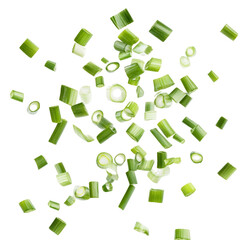 Dynamic Depiction of Sliced Green Onions Falling from Above, Isolated on a White Background