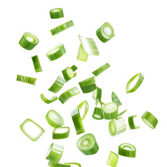 Motion-Filled Image of Sliced Green Onions Tumbling Down, Isolated Against a Pure White Background