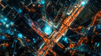 A vibrant aerial view of a bustling city at night, showcasing bright lights and intricate road networks.