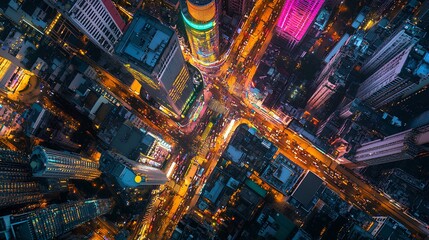 A stunning aerial view of a bustling city intersection illuminated by vibrant lights at night.