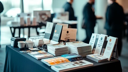 A display of notebooks, brochures, and printing materials set on a table at a professional event, with attendees in the background.