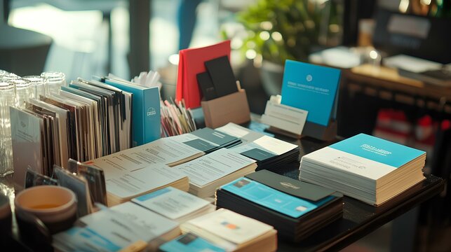 A vibrant display of assorted stationery items, including business cards, notebooks, and branding materials, arranged neatly on a table.