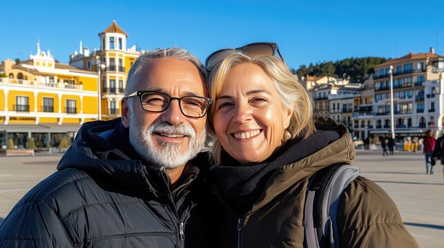 A cheerful senior couple wearing medical masks shares a warm hug on a bustling street in Spain, showcasing love and connection during challenging moments - Powered by Adobe