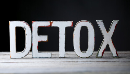 Wooden text DETOX against dark backdrop.