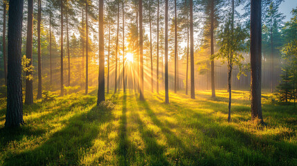 Obraz premium A misty morning in a pine forest with sun rays filtering through the trees. 