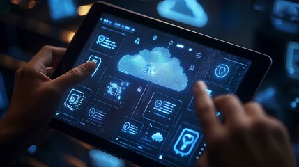 A person interacts with a futuristic tablet displaying a digital cloud and various data analytics on a high-tech interface.