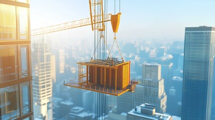 A construction crane lifts materials high above a cityscape, showcasing urban development against a bright, hazy skyline.