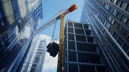 Fototapeta premium A construction crane lifts materials between tall buildings under a clear blue sky.