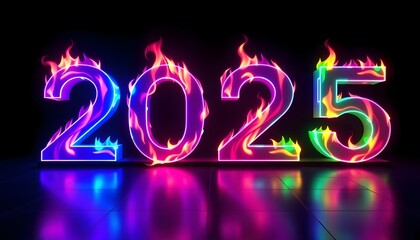 2025 Neon Sign with Flames and Reflection for New Year