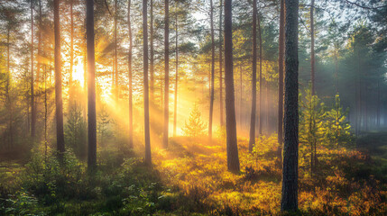 Fototapeta premium A misty morning in a pine forest with sun rays filtering through the trees. 