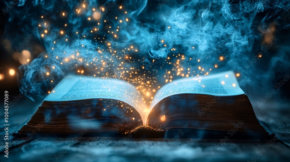 Poster magical open book with glowing sparks and mystical smoke on wooden table in dark enchanted setting