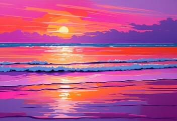 stunning minimalist beach scene highlighting vibrant sunset colors soft sand gentle waves calming atmosphere, minimalism, sky, water, view, nature, bright