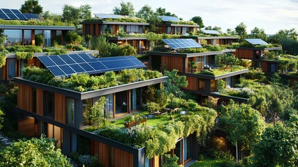 Obraz premium A modern eco-friendly residential complex with green roofs, solar panels, and lush vegetation promoting sustainable living.
