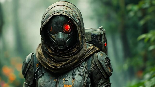 Futuristic soldier wearing mask standing in jungle