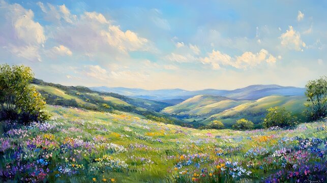 Enchanting pastel colored landscape featuring serene rolling hills vibrant wildflowers in bloom and wispy clouds drifting overhead in a soft natural lighting creating an impressionistic