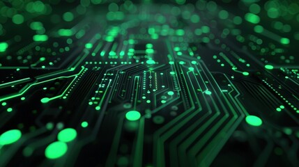 Green circuit board with numerous conductors and glowing elements, symbolizing high technology and digital innovations