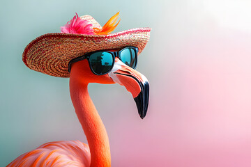 Funny cute flamingo bird in sunglasses and sombrero hat on summer color background.