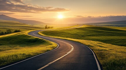 Winding road toward a bright horizon symbolizing the journey and challenges on the path to success in motivational and business themes