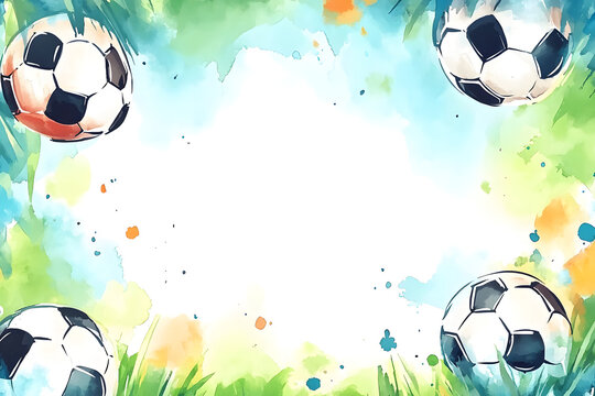 Cute cartoon football frame border on background in watercolor style.