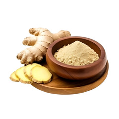 Fototapeta premium Fresh ginger root and ground ginger powder in wooden bowl on transparent 