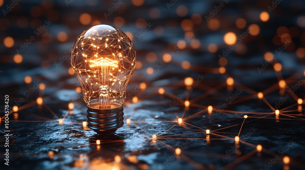 Aufkleber illuminated light bulb with network connections representing innovation and technology on dark backg