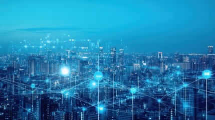 A cityscape with connected network lines and technology icons, representing the digital transformation of urban environments. The background is a clear blue sky, symbolizing hope for future