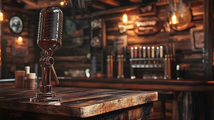 A rustic-themed bar scene featuring a vintage microphone, wooden accents, and warm lighting, perfect for live music or a cozy ambiance.