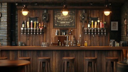 A rustic bar interior featuring wooden walls, a rich wooden counter, and a variety of taps for different drinks, creating a warm, inviting atmosphere.