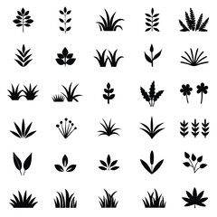 Fototapeta premium Minimalist Black Icons of Grass, Leaves, and Plants in Flat Design, Vector Graphics, Ink Drawing