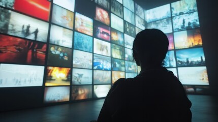 A person watching a video wall with multimedia images