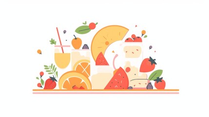 Flat vector illustration of healthy food and drink featuring colorful geometric shapes on a white background