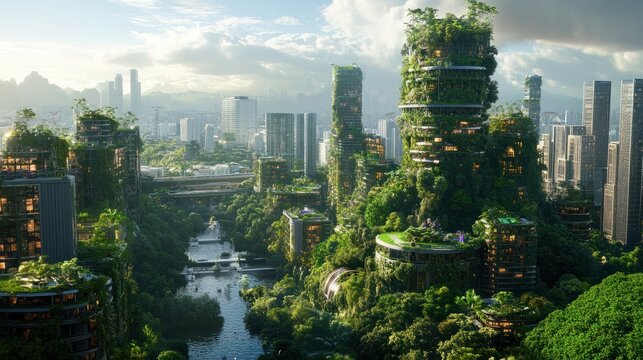 A utopian vision of future cities with eco-friendly skyscrapers and lush greenery, showcasing a harmonious blend of technology and nature