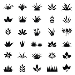 Minimalist Black Icons of Grass, Leaves, and Plants in Flat Design, Vector Graphics, Ink Drawing