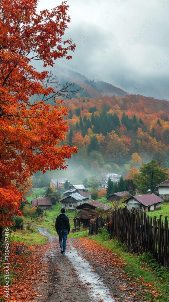 Poster A man walks down a path in a forest with autumn leaves on the ground