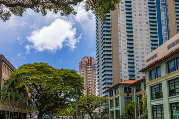 Hotels, condominiums and skyscrapers in the city skyline with lush green trees, cars driving on the street, blue sky and clouds in downtown Honolulu Hawaii USA