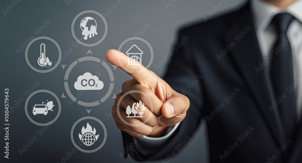 Poster a businessman interacts with a virtual interface displaying environmental and energy management icon