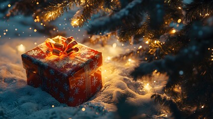 A 3D Christmas present wrapped in festive paper placed under a glowing tree