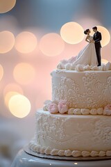 Elegant wedding cake with couple figurine topper