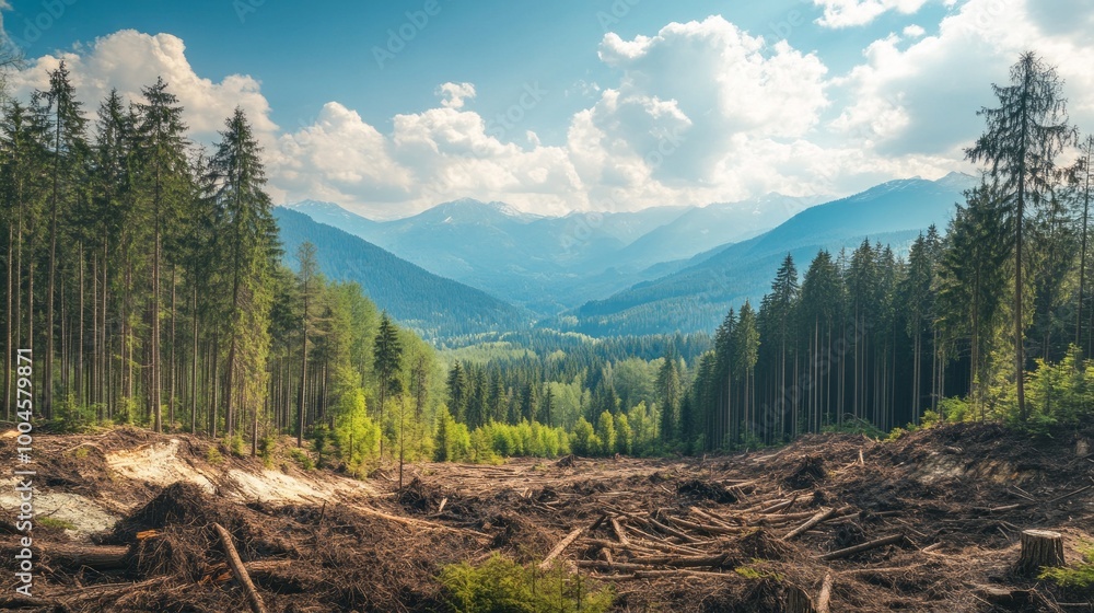 Poster a forest with a mountain range in the background